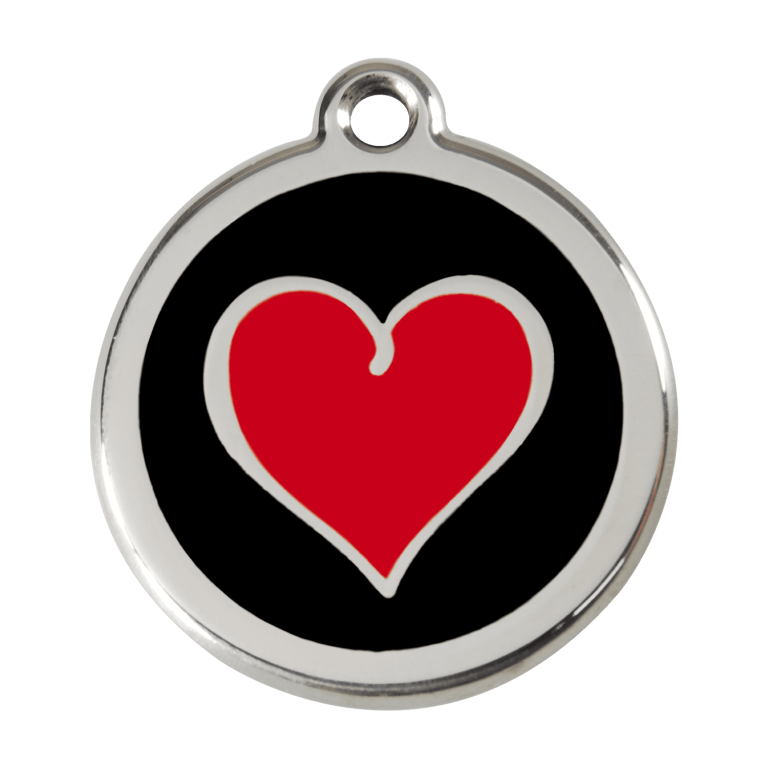 Vue avant - Médaille personnalisée pour chien Red Dingo Émail et acier inoxydable - Coeur noir - Taille L