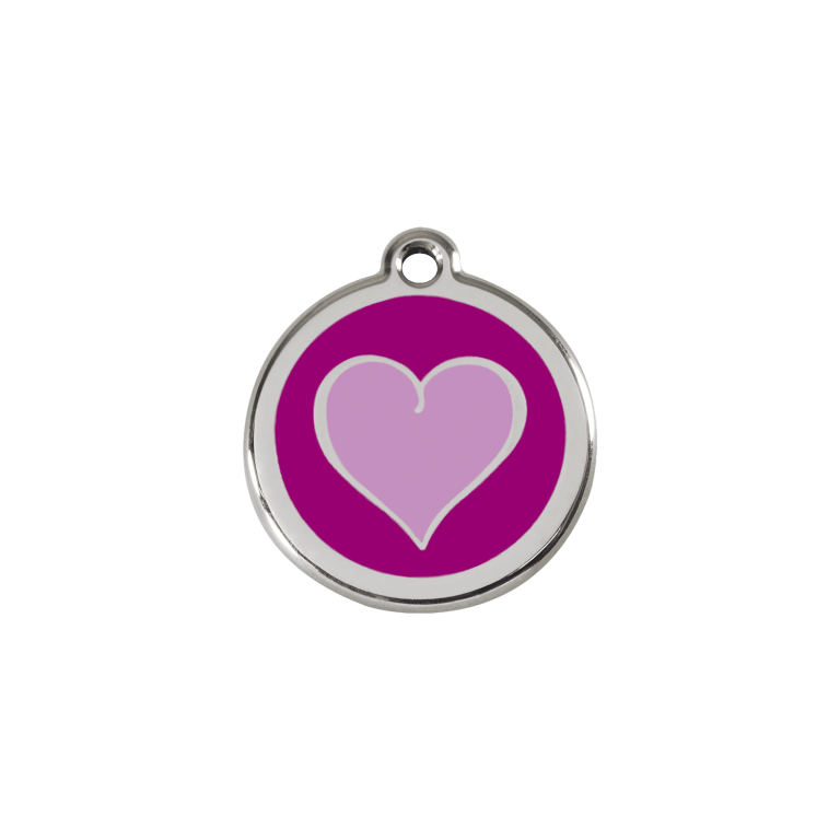 Vue avant - Médaille personnalisée pour chien/chat Red Dingo Émail et acier inoxydable - Coeur violet - Taille S