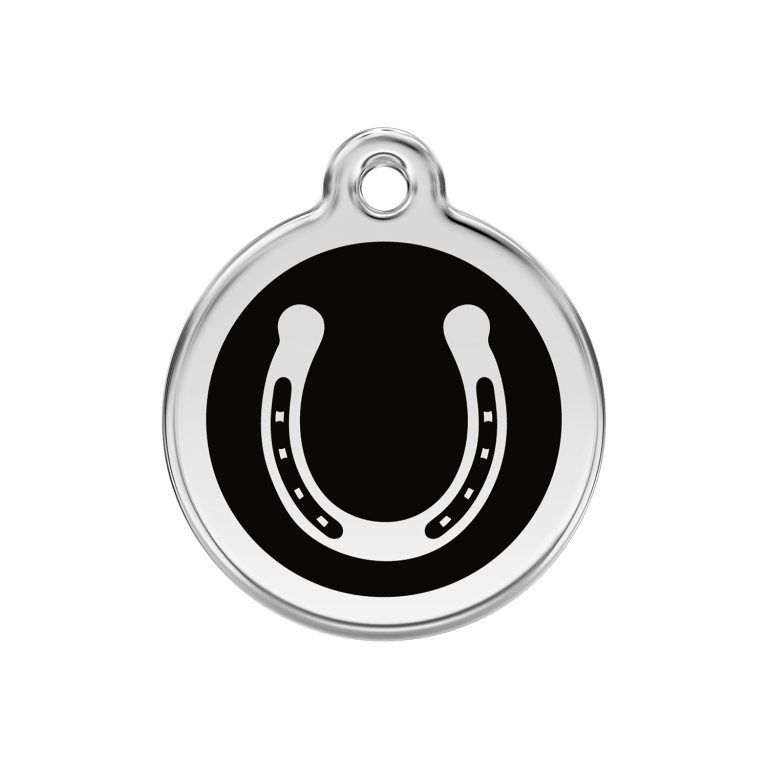 Vue avant - Médaille personnalisable pour chien en émail et acier inoxydable Red Dingo - Motif fer à cheval noir - Taille M