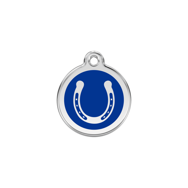 Vue avant - Médaille personnalisée pour chien/chat Red Dingo Émail/Acier inoxydable - Fer à cheval - Bleu foncé - Taille S - 01-HS-DB-SM