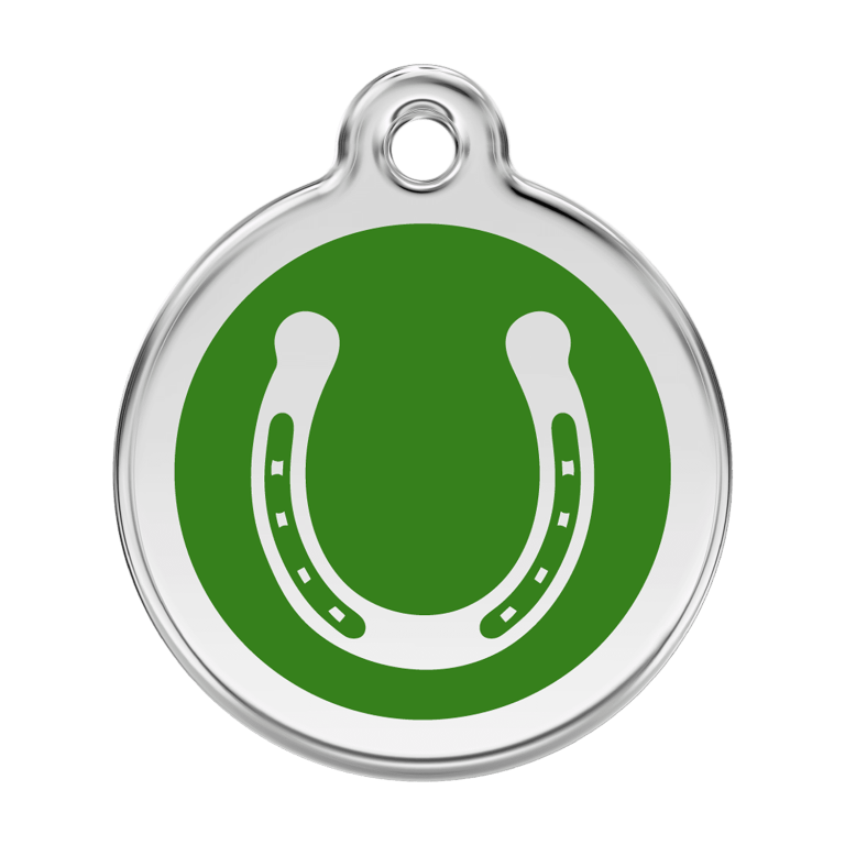 Vue avant - Médaille personnalisable pour chien Red Dingo Émail et acier inoxydable - Fer à cheval - Vert - Taille L