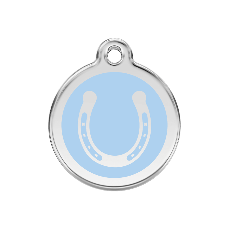 Vue avant - Médaille personnalisée pour chien Red Dingo Émail et acier inoxydable - Fer à cheval bleu clair - Taille M 30.00mm