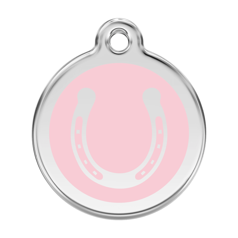 Vue avant - Médaille personnalisée pour chien en émail et acier inoxydable - Red Dingo - Motif fer à cheval - Rose - Taille L