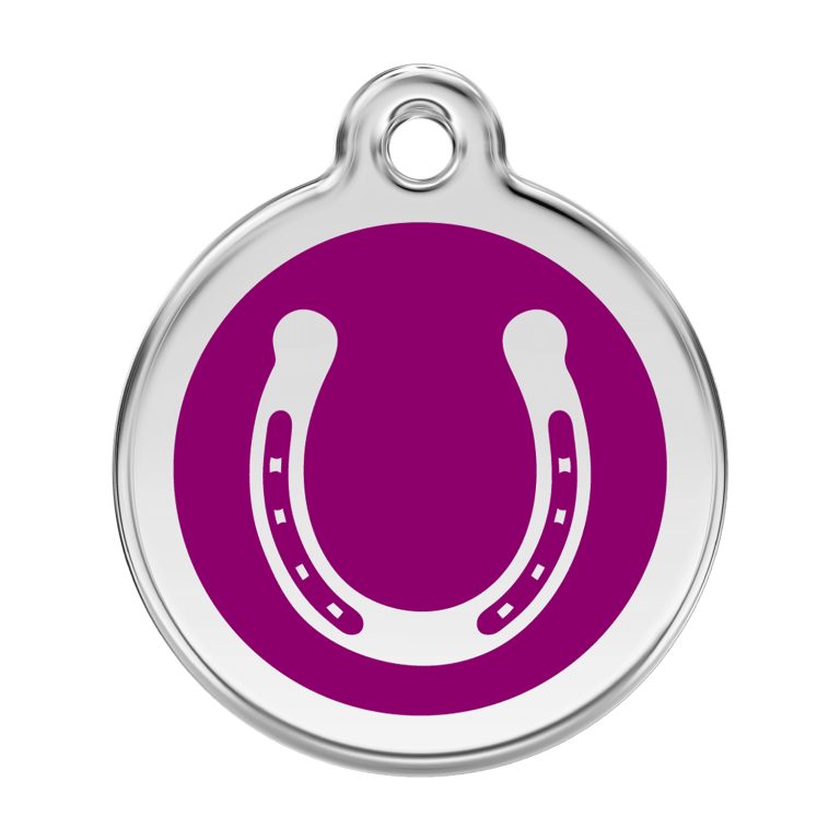 Vue avant - Médaille personnalisable pour chien Red Dingo émail et acier inoxydable violet - Fer à cheval - Taille L