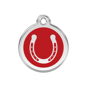 Médaille chien fer à cheval rouge M émail et acier inoxydable 30mm