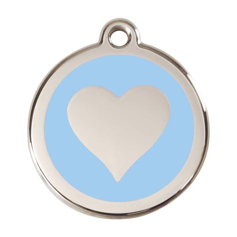 Vue avant - Médaille personnalisable pour chien ou chat - Red Dingo Émail et acier inoxydable - Motif cœur bleu clair - Taille L