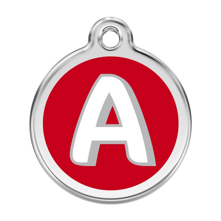 Vue avant - Médaille personnalisée pour chien ou chat - Red Dingo Émail et acier inoxydable - Lettre A rouge - Taille L 38.00mm