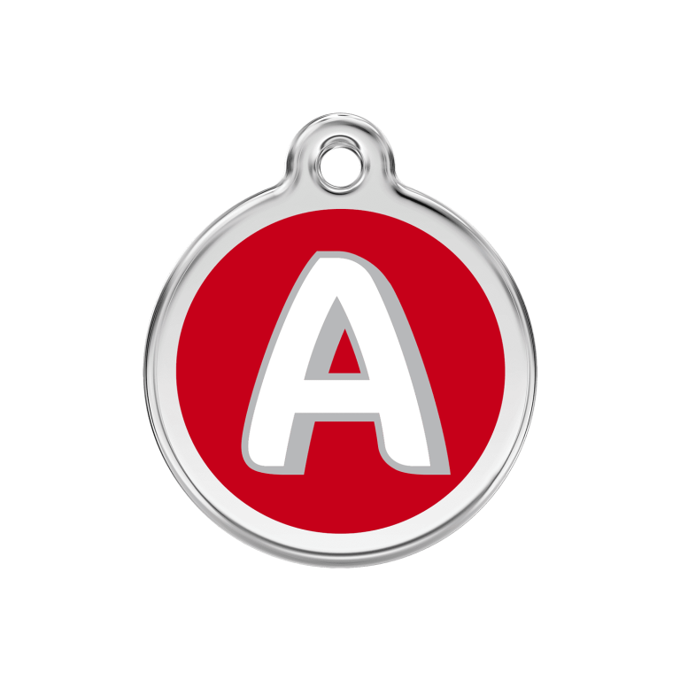 Vue avant - Médaille personnalisée pour chien Red Dingo Émail et acier inoxydable - Lettre A - Rouge - Taille M
