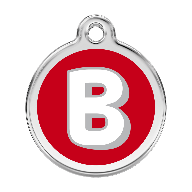 Vue avant - Médaille personnalisée pour chien Red Dingo Émail et acier inoxydable - Lettre B - Rouge - Taille L