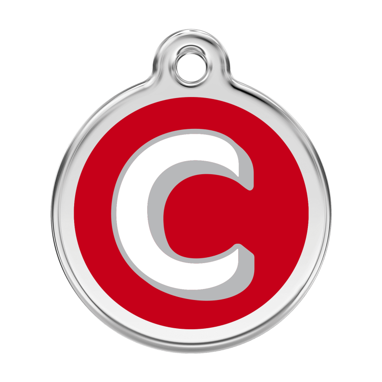 Vue avant - Médaille personnalisée pour chien Red Dingo Émail et acier inoxydable - Lettre C - Rouge - Taille L