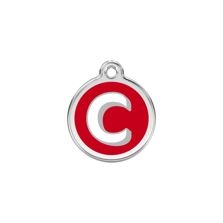 Vue avant - Médaille personnalisable pour chien ou chat Red Dingo Émail et acier inoxydable - Lettre C - Rouge - Taille S