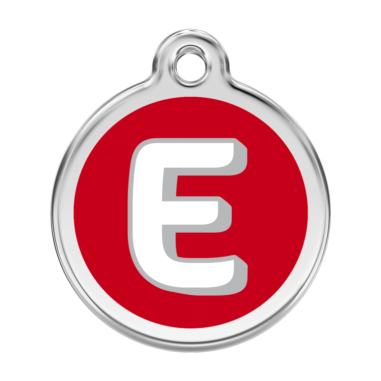 Vue avant - Médaille personnalisée pour chien Red Dingo Émail et acier inoxydable - Lettre E - Rouge - Taille L
