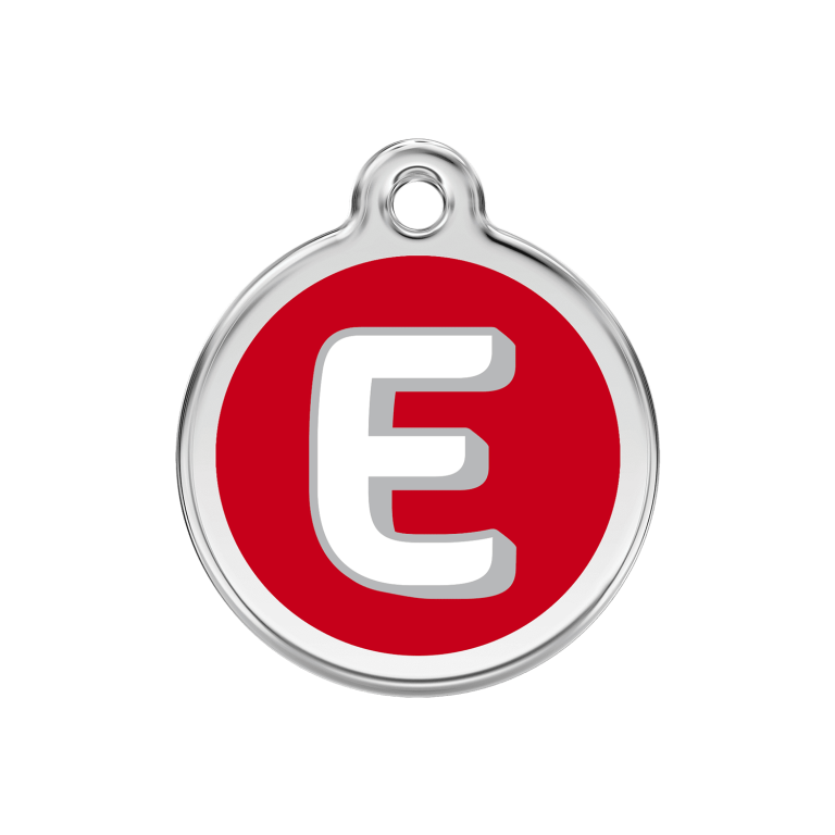 Vue avant - Médaille personnalisée Red Dingo Émail et acier inoxydable - Lettre E rouge - Taille M 30.00mm