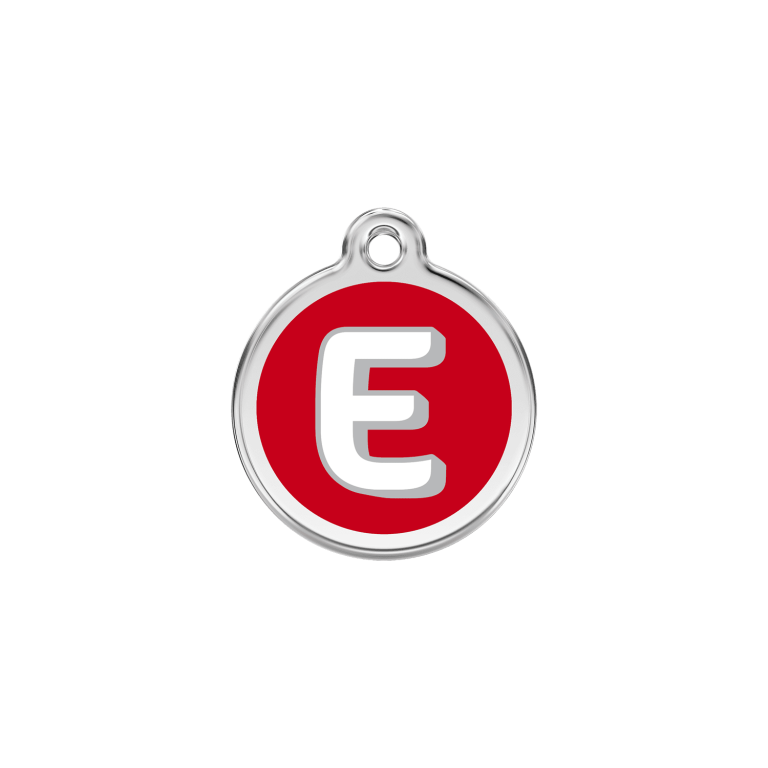 Vue avant - Médaille personnalisée pour chien/chat Red Dingo Émail/Acier inoxydable - Lettre E - Rouge - Taille S