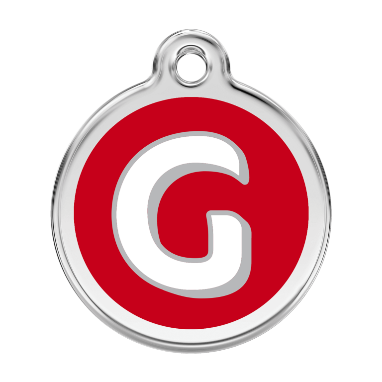Vue avant - Médaille personnalisée pour chien Red Dingo Émail et acier inoxydable - Lettre G - Rouge - Taille L