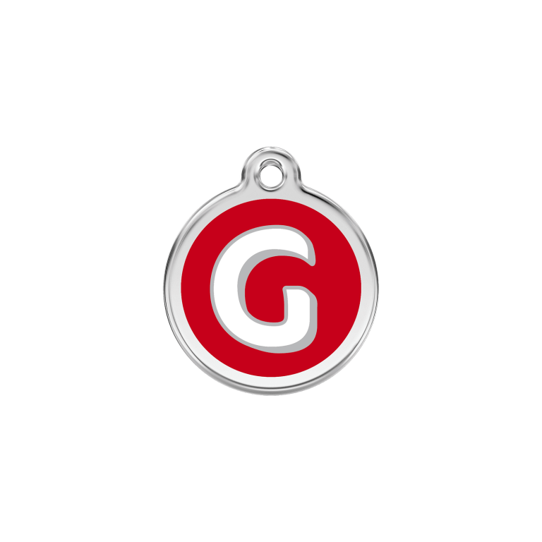 Vue avant - Médaille personnalisée pour chien/chat Red Dingo Émail et acier inoxydable - Lettre G - Rouge - Taille S