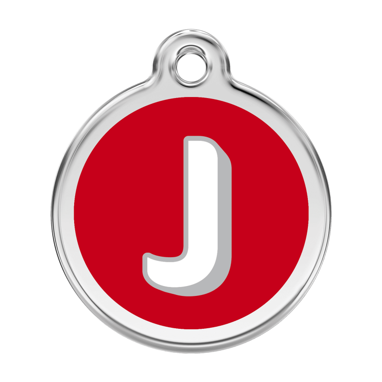 Vue avant - Médaille personnalisée pour chien Red Dingo Émail et acier inoxydable - Lettre J - Rouge - Taille L