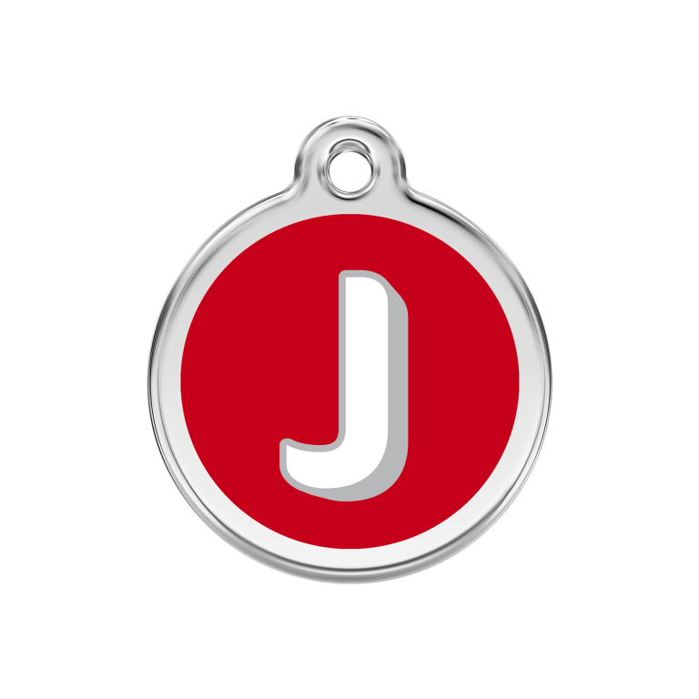 Vue avant - Médaille personnalisée Red Dingo Émail et acier inoxydable - Lettre J - Rouge - Taille M