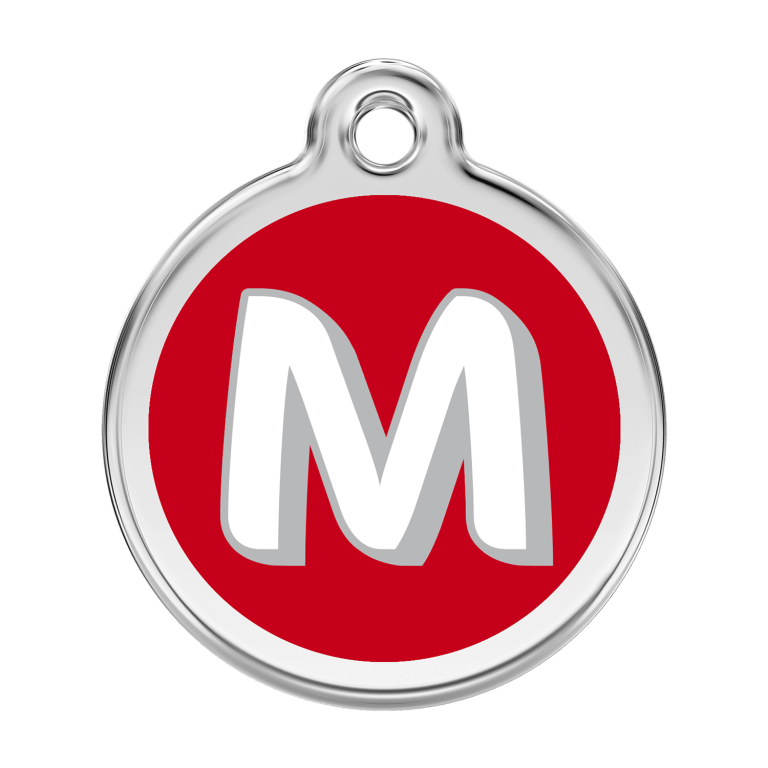 Vue avant - Médaille personnalisée pour chien Red Dingo Émail et acier inoxydable - Lettre M - Rouge - Taille L
