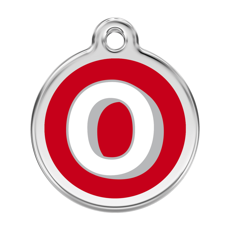 Vue avant - Médaille personnalisée pour chien ou chat - Red Dingo Émail et acier inoxydable - Lettre O rouge - Taille L