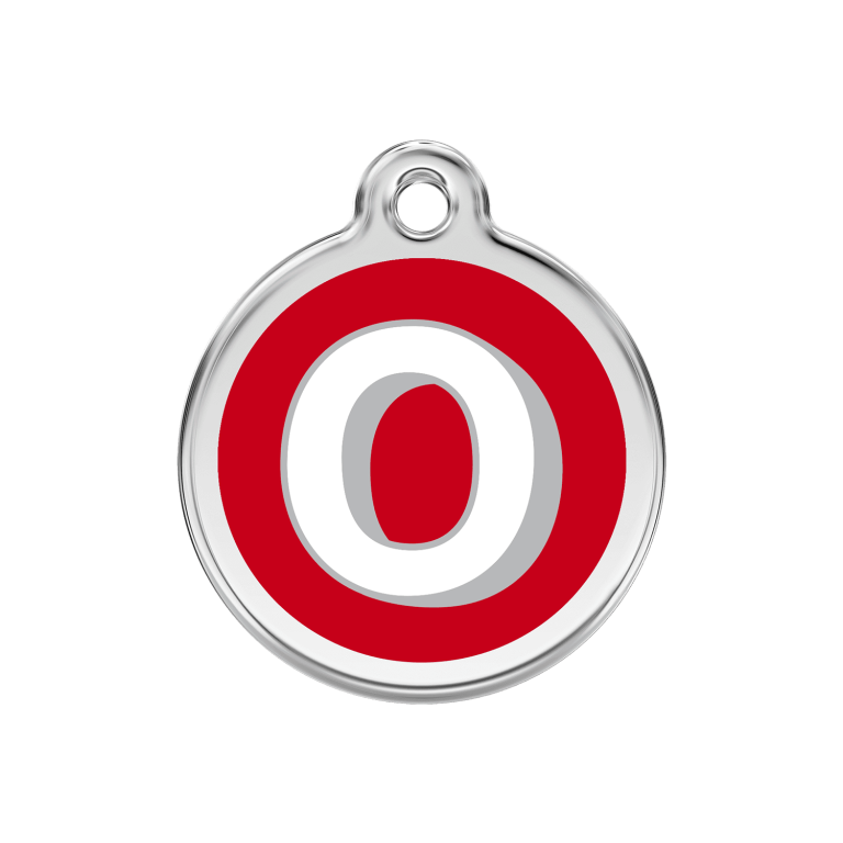 Vue avant - Médaille personnalisable pour chien Red Dingo Émail et acier inoxydable - Lettre O rouge - Taille M