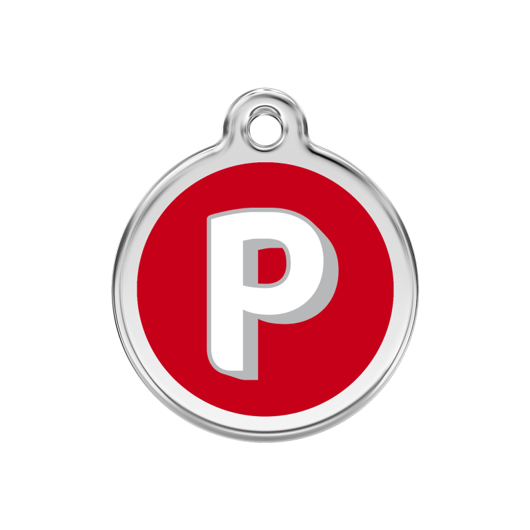 Vue avant - Médaille personnalisée pour chien Red Dingo Émail et acier inoxydable - Lettre P - Rouge - Taille M