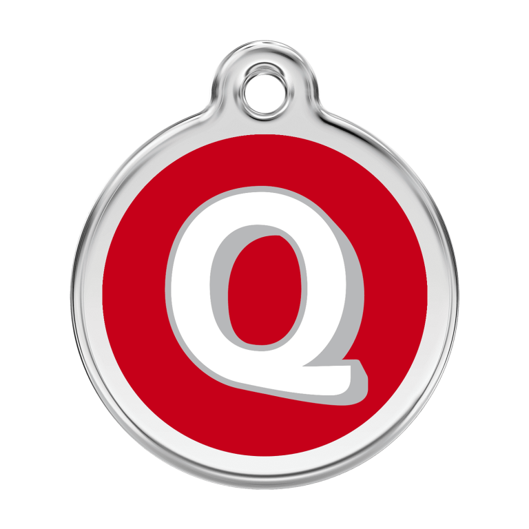 Vue avant - Médaille personnalisée pour chien Red Dingo Émail et acier inoxydable - Lettre Q - Rouge - Taille L