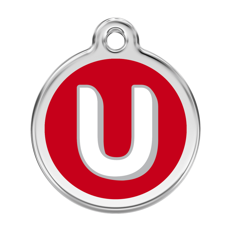 Vue avant - Médaille personnalisée pour chien Red Dingo Émail et acier inoxydable - Lettre U - Rouge - Taille L