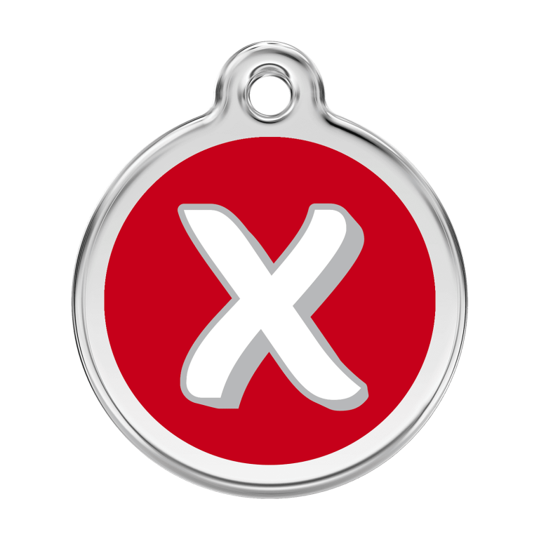 Vue avant - Médaille personnalisée pour chien Red Dingo Émail et acier inoxydable - Lettre X - Rouge - Taille L