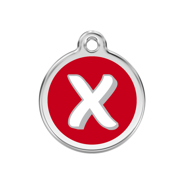 Vue avant - Médaille personnalisée pour chien Red Dingo Émail et acier inoxydable - Lettre X - Rouge - Taille M