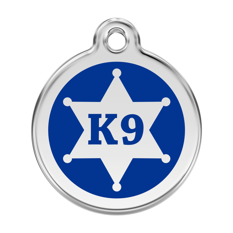 Vue avant - Médaille personnalisée pour chien Red Dingo Émail et acier inoxydable - K9 Sh?rif - Bleu fonc? - Taille L