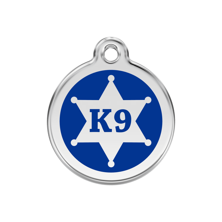 Vue avant - Médaille personnalisée pour chien Red Dingo Émail et acier inoxydable K9 Sh?rif Bleu fonc? - Taille M