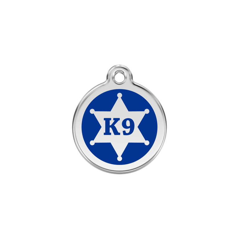 Vue avant - Médaille personnalisée pour chien/chat Red Dingo Émail/Acier inoxydable K9 Sh?rif Bleu fonc? - Taille S - 01-KN-DB-SM