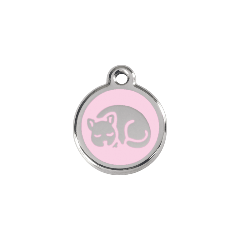 Vue avant - Médaille personnalisée en émail et acier inoxydable pour chat - Red Dingo - Motif chaton rose - Taille S
