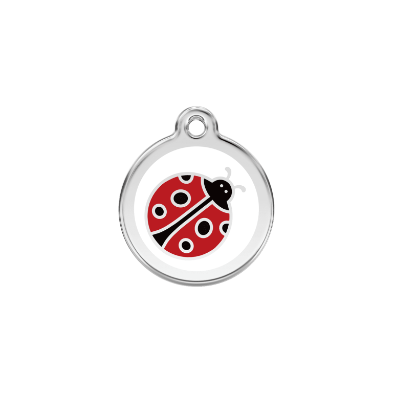 Vue avant - Médaille personnalisée pour chien/chat Red Dingo Émail et acier inoxydable - Coccinelle Blanc - Taille S