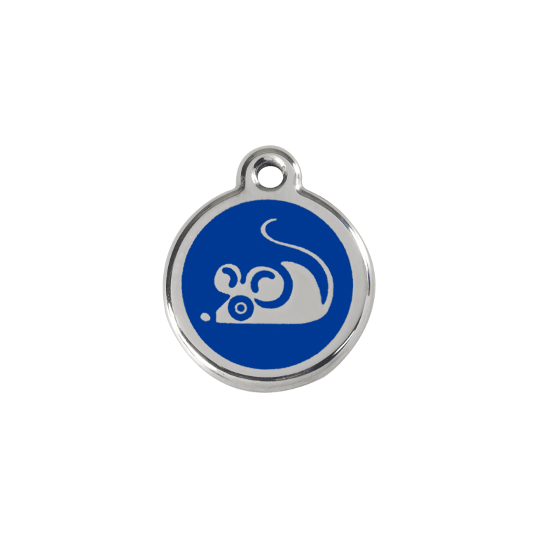 Vue avant - Médaille personnalisée pour chat ou petit chien - Red Dingo - Émail et acier inoxydable - Souris bleue - Taille S