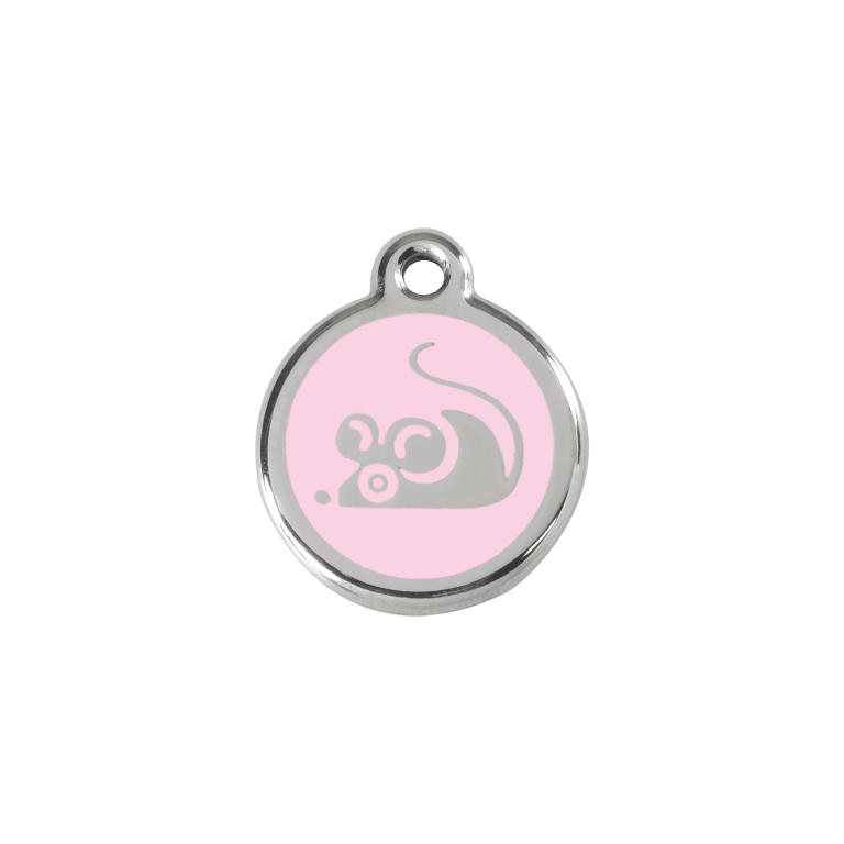 Vue avant - Médaille personnalisée en émail et acier inoxydable pour chat - Red Dingo - Motif souris rose - Taille S