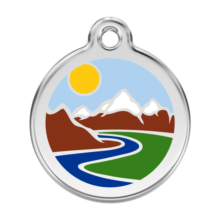 Vue avant - Médaille personnalisable pour chien Red Dingo Émail et acier inoxydable motif montagnes bleu clair - Taille L
