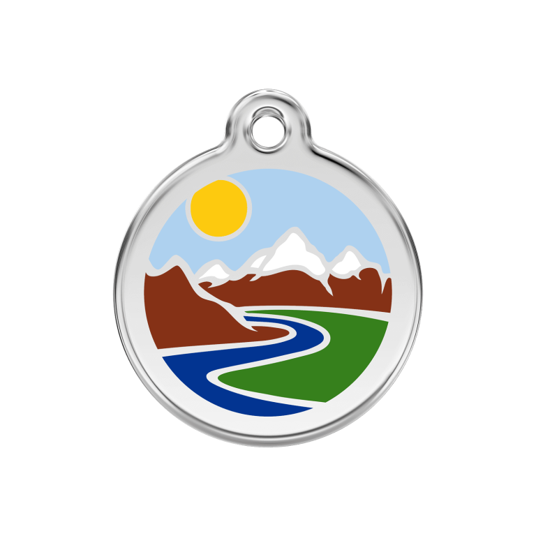 Vue avant - Médaille personnalisée pour chien Red Dingo Émail et acier inoxydable motif montagnes bleu clair - Taille M