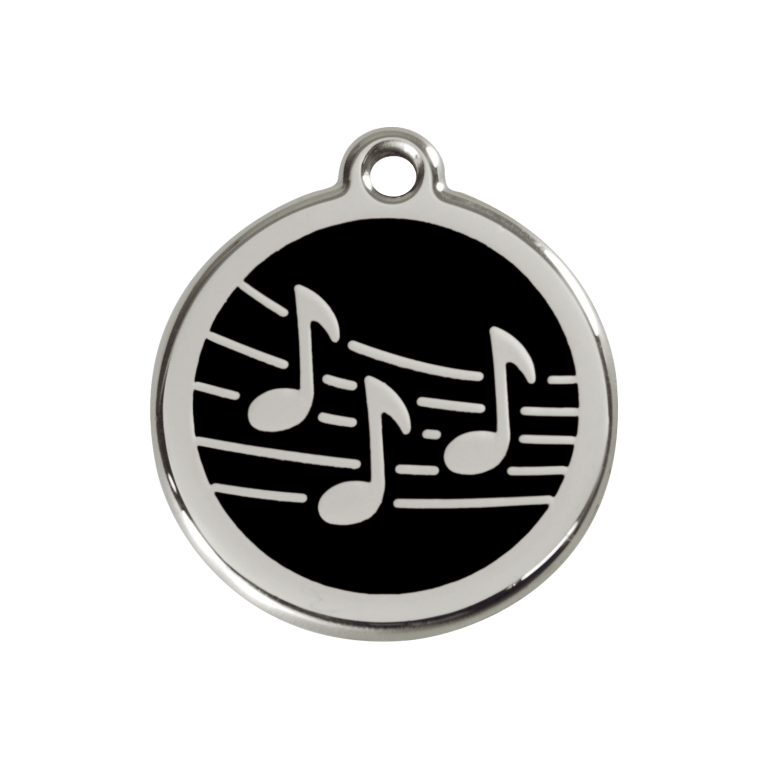 Vue avant - Médaille personnalisée pour chien ou chat Red Dingo Émail et acier inoxydable - Motif Musique - Noir - Taille M