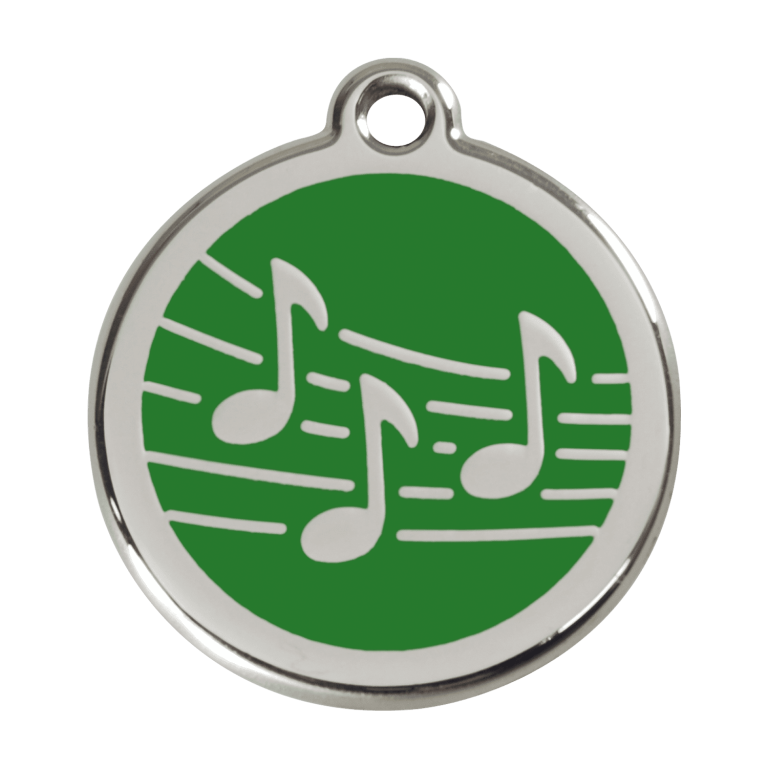 Vue avant - Médaille personnalisée pour chien - Red Dingo Émail et acier inoxydable - Motif Musique - Vert - Taille L