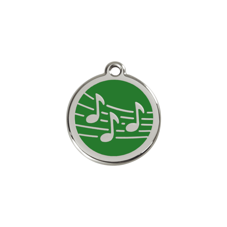 Vue avant - Médaille personnalisée pour chien/chat Red Dingo Émail et acier inoxydable - Motif Musique - Vert - Taille S
