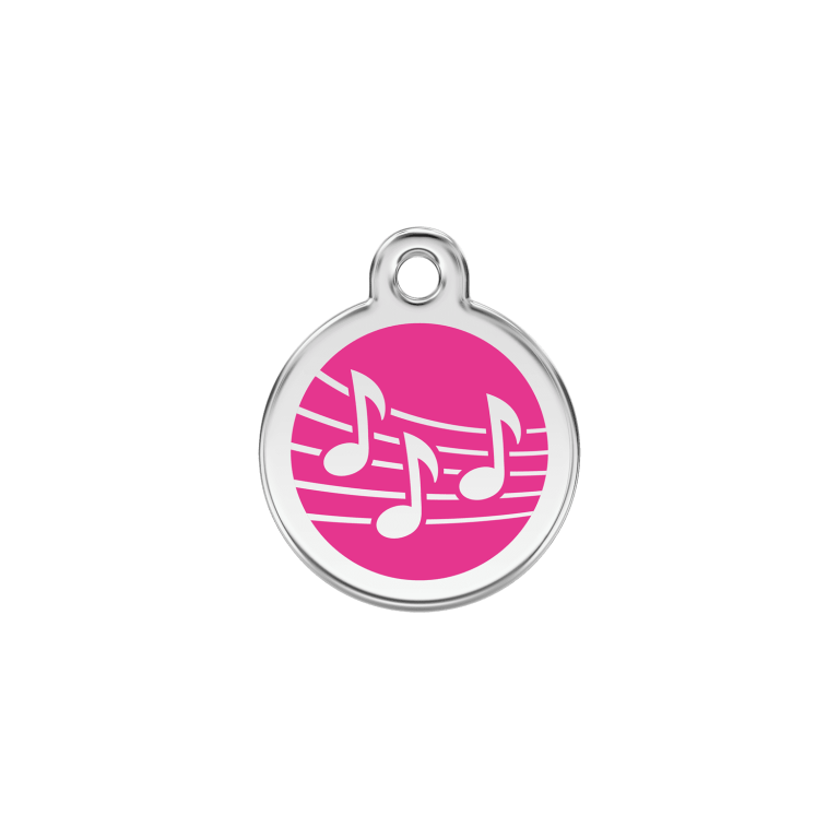 Vue avant - Médaille personnalisée pour chat en émail et acier inoxydable - Red Dingo - Motif musique - Rose vif - Taille S