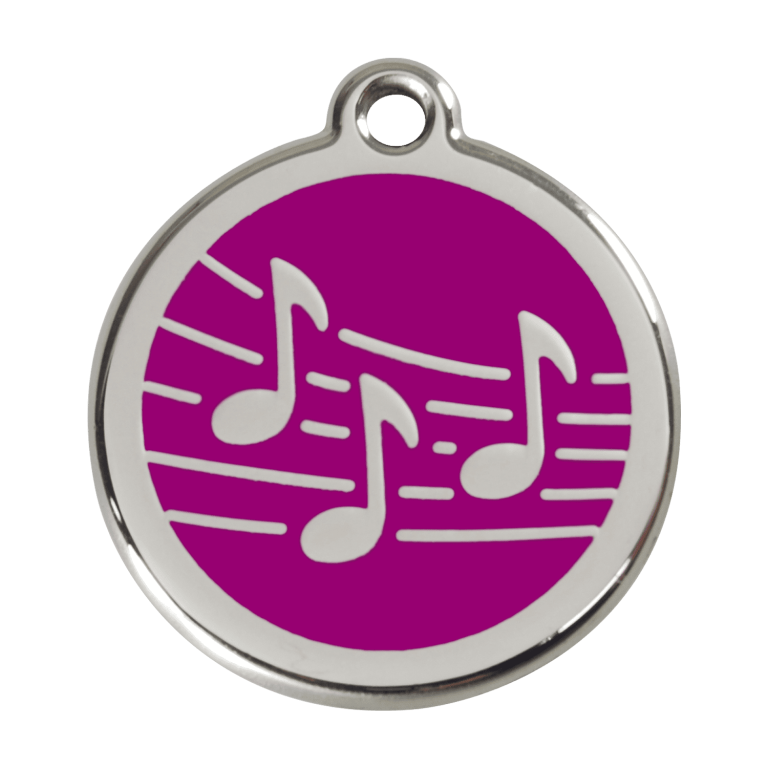 Vue avant - Médaille personnalisée pour chien Red Dingo Émail et acier inoxydable Musique Violet - Taille L