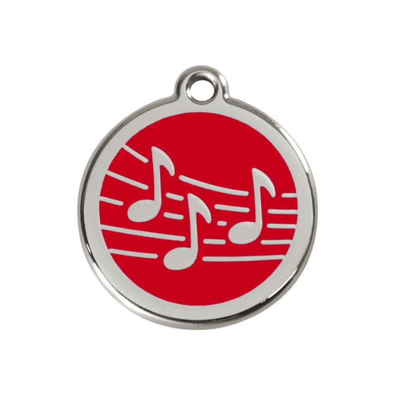 Vue avant - Médaille personnalisée pour chien Red Dingo Émail et acier inoxydable - Motif Musique - Rouge - Taille M