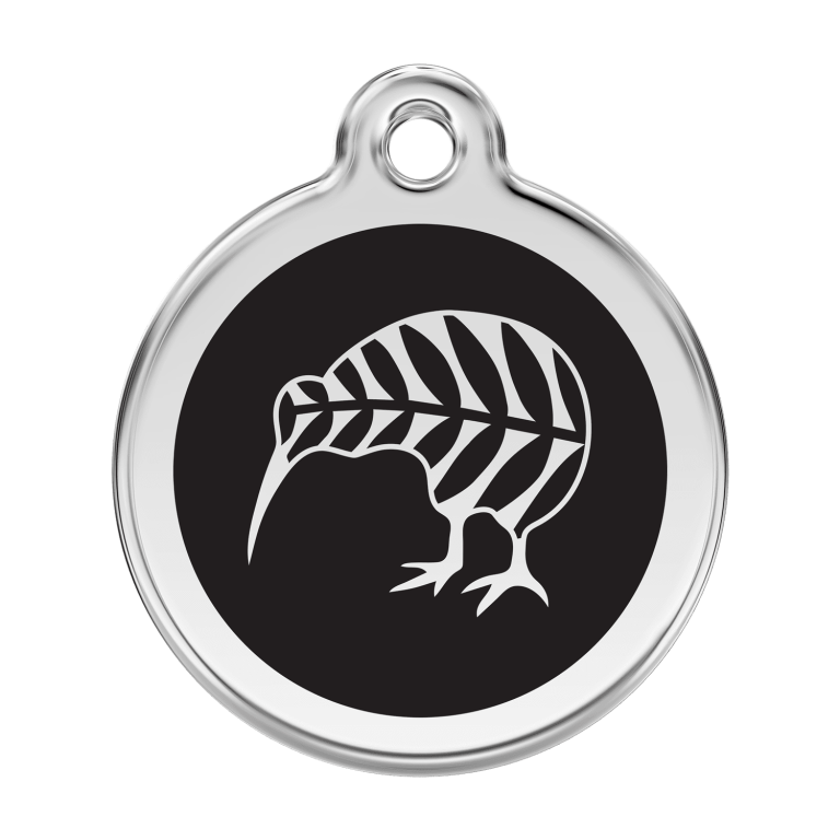 Vue avant - Médaille personnalisée Red Dingo Émail et acier inoxydable kiwi noir - Taille L pour chien