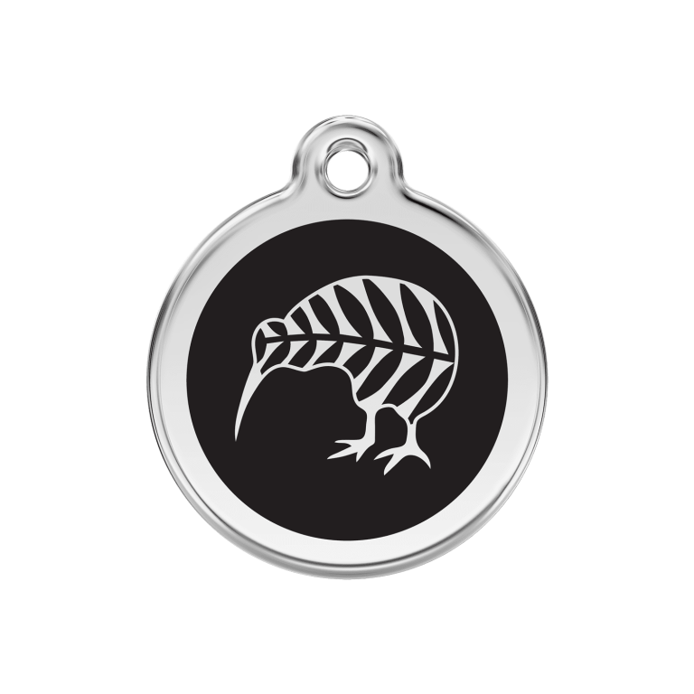 Vue avant - Médaille personnalisée pour chien Red Dingo Émail et acier inoxydable kiwi noir - Taille M