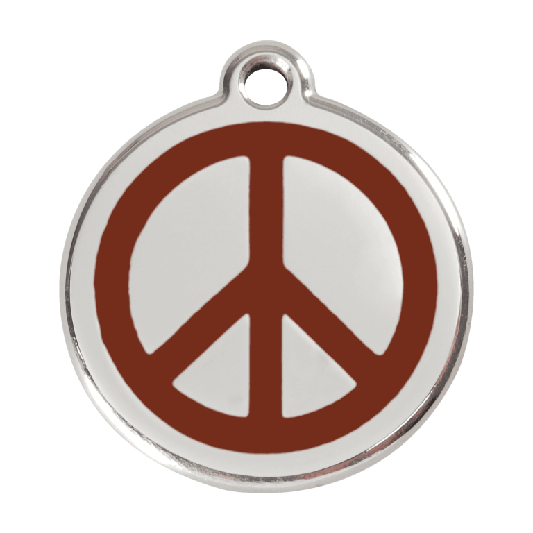Vue avant - Médaille personnalisée pour chien Red Dingo Émail et acier inoxydable - Motif Paix - Brun - Taille L