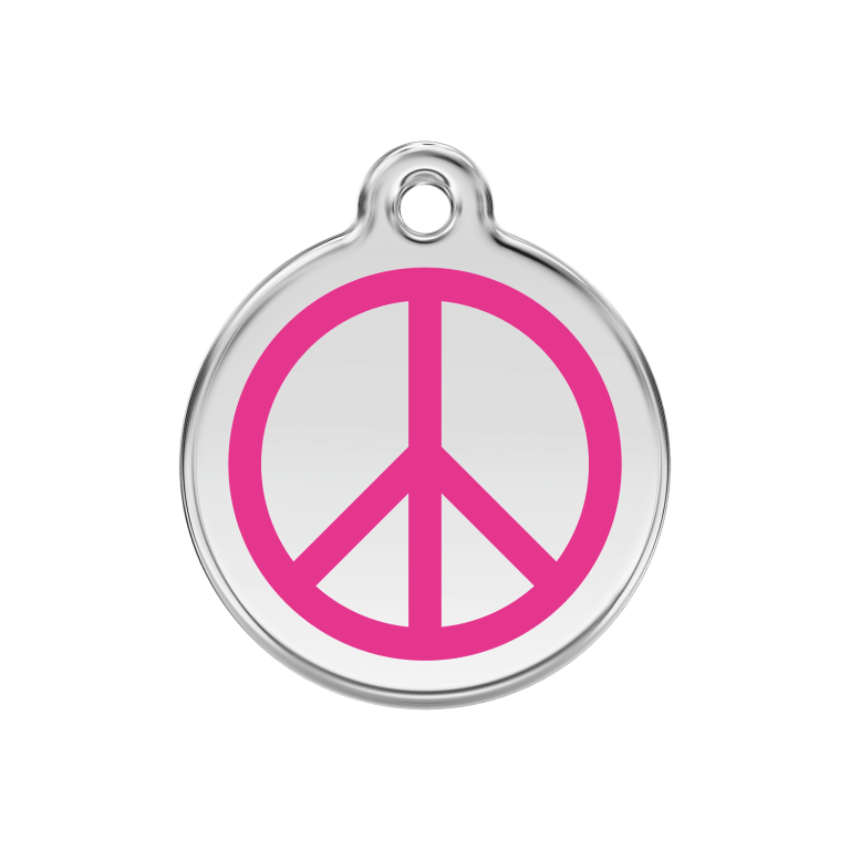 Vue avant - Médaille personnalisée pour chien - Red Dingo Émail et acier inoxydable - Motif Paix - Rose vif - Taille M