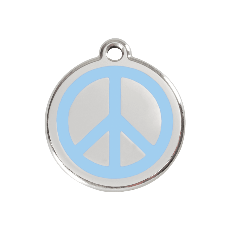 Vue avant - Médaille personnalisée pour chien Red Dingo Émail et acier inoxydable - Motif Paix - Bleu clair - Taille M
